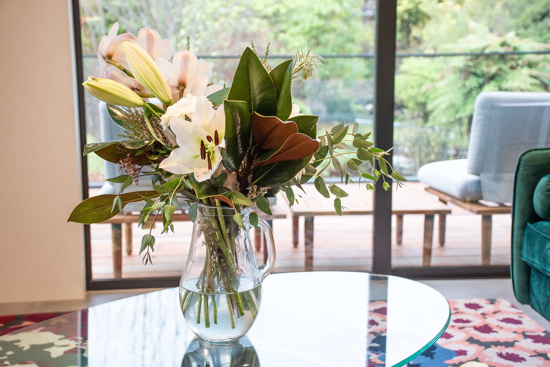 Flowers on a coffee table in Apartment Lounge.